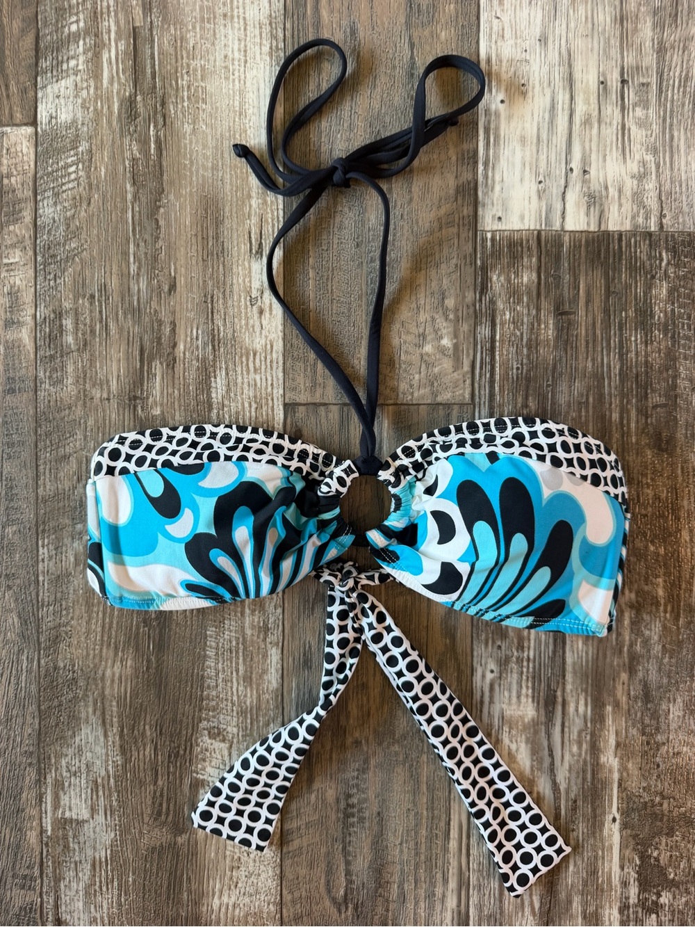 Rampage vintage Y2K Bikini Top Large Blue Black Geometric O Ring Halter Padded